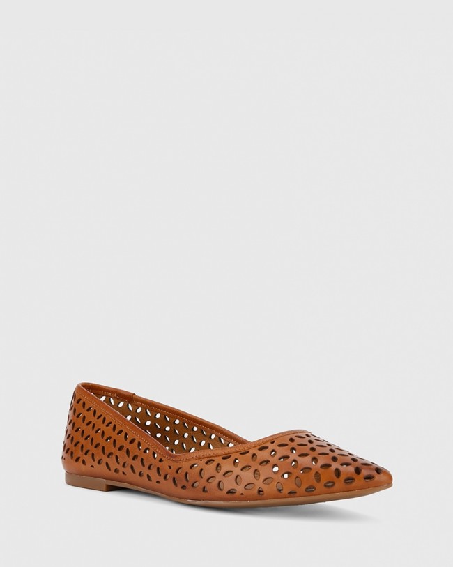 Wittner Prue Cognac Leather Perforated Pointed Toe Flat