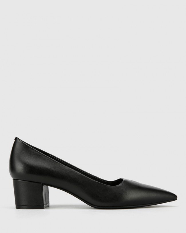 Wittner Gardenia Black Leather Block Heel Pointed Toe Pump