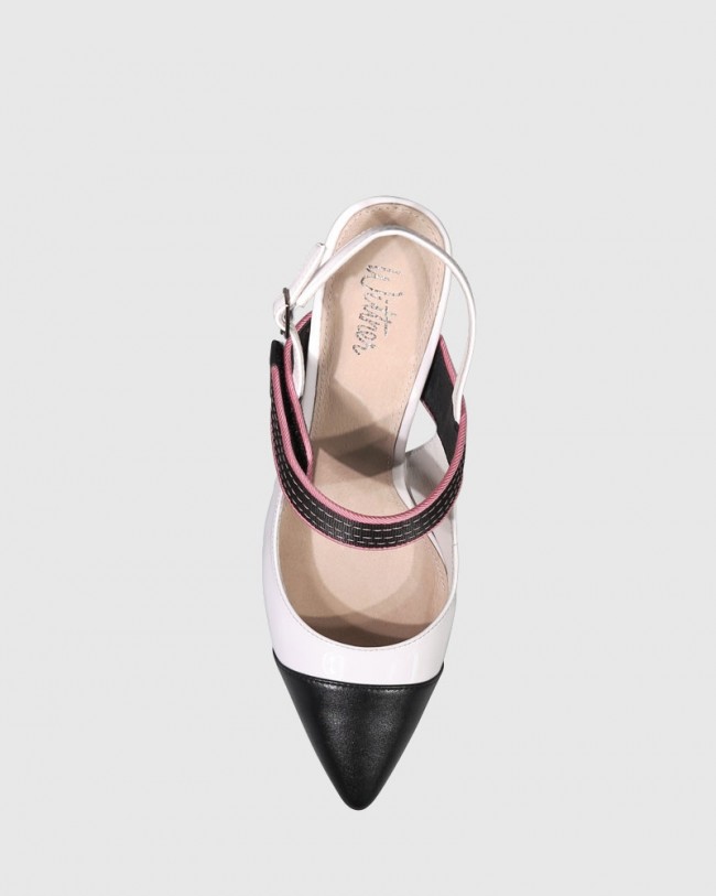 Wittner Huetta White And Black Leather Pink Strap Detail Block Heel
