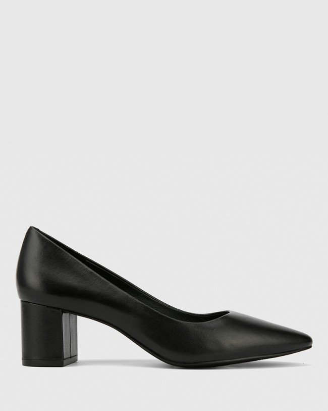 Wittner Liona Black Leather Pointed Toe Mid Heel