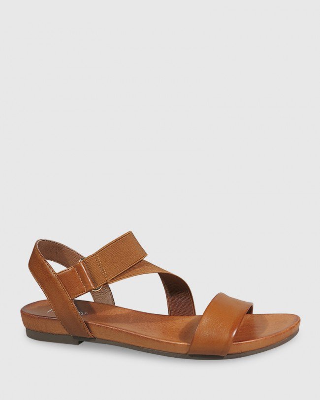 Wittner Lyla Cognac Leather & Elastic Flat Sandal
