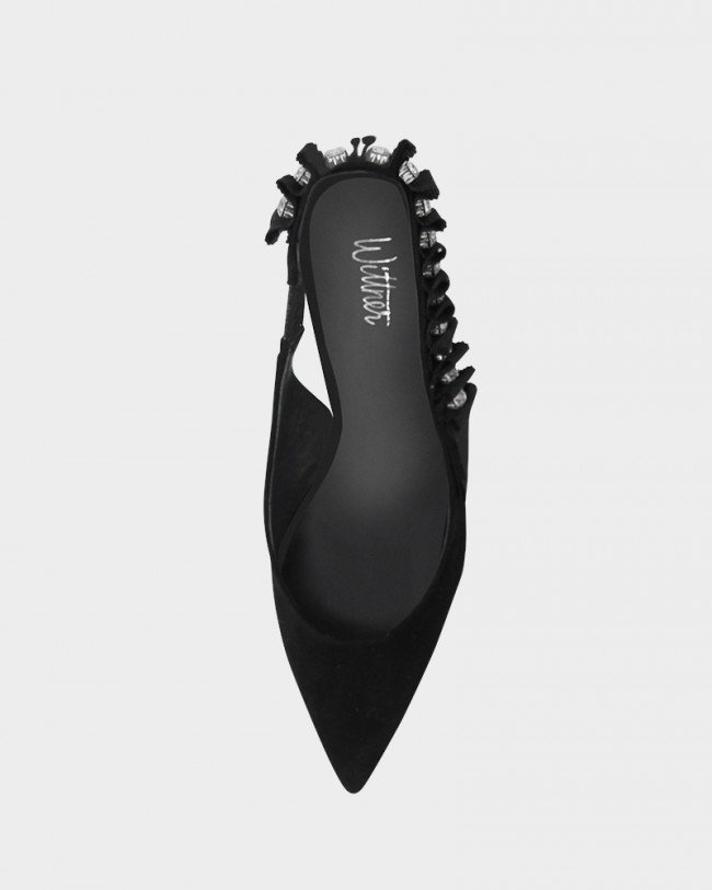 Wittner Naila Black Suede Diamonte Slingback Kitten Heel