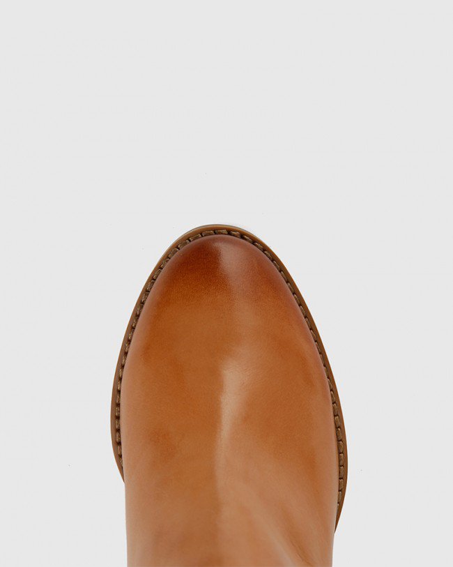 Wittner Kessie Tan Leather Round Toe Stack Heel Ankle Boot