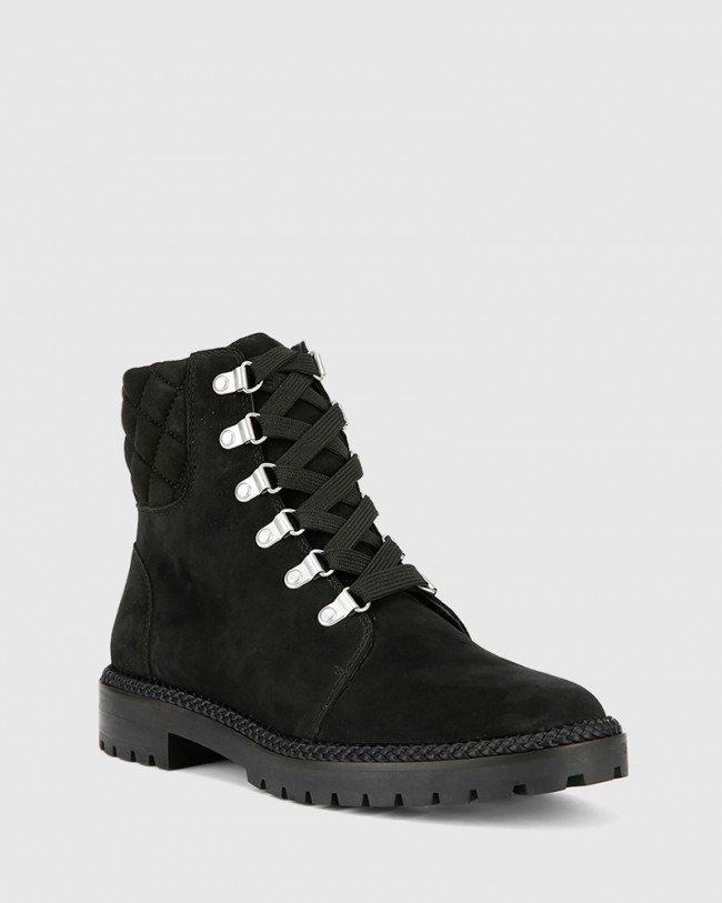 Wittner Bentleigh Black Nubuck Leather Quilted Collar Lace Up Ankle Boot