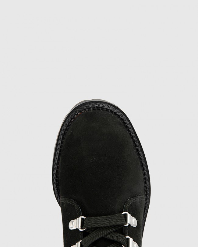 Wittner Bentleigh Black Nubuck Leather Quilted Collar Lace Up Ankle Boot