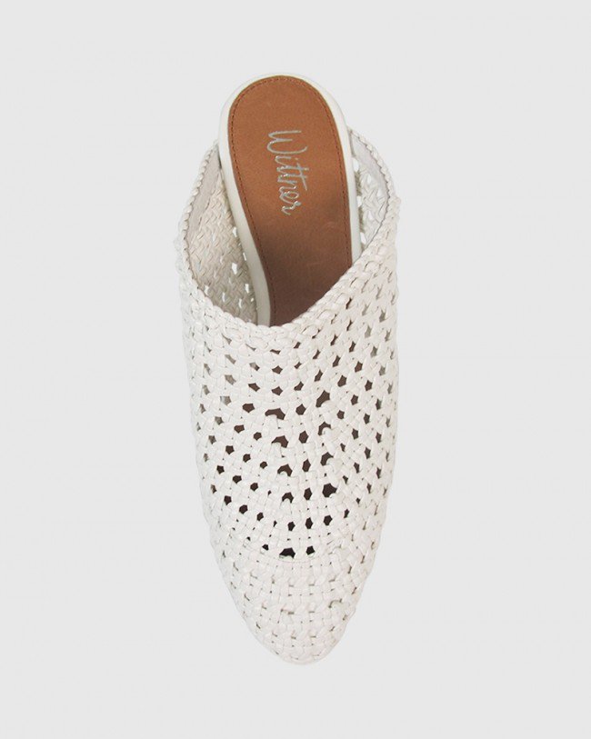 Wittner Kelsey White Woven Pointed Toe Block Heel Mule