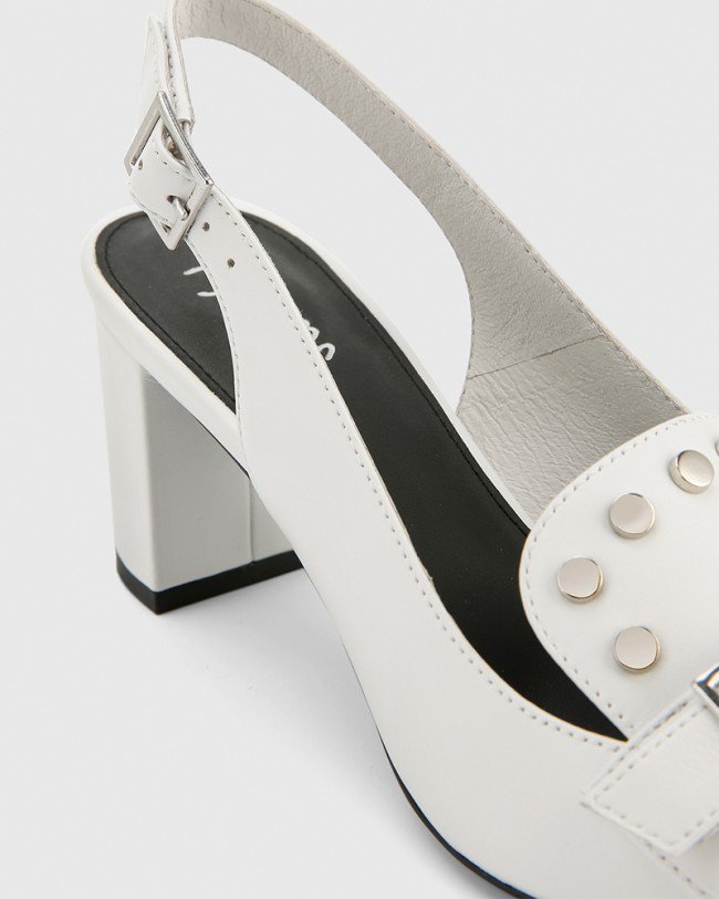 Wittner Danae White Leather Stud Detail Slingback Heel