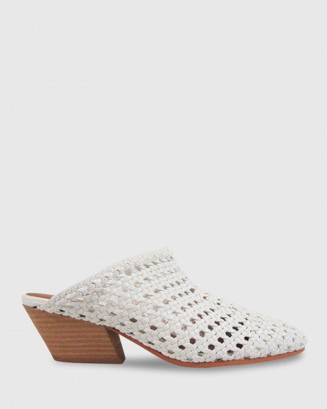 Wittner Kelsey White Woven Pointed Toe Block Heel Mule