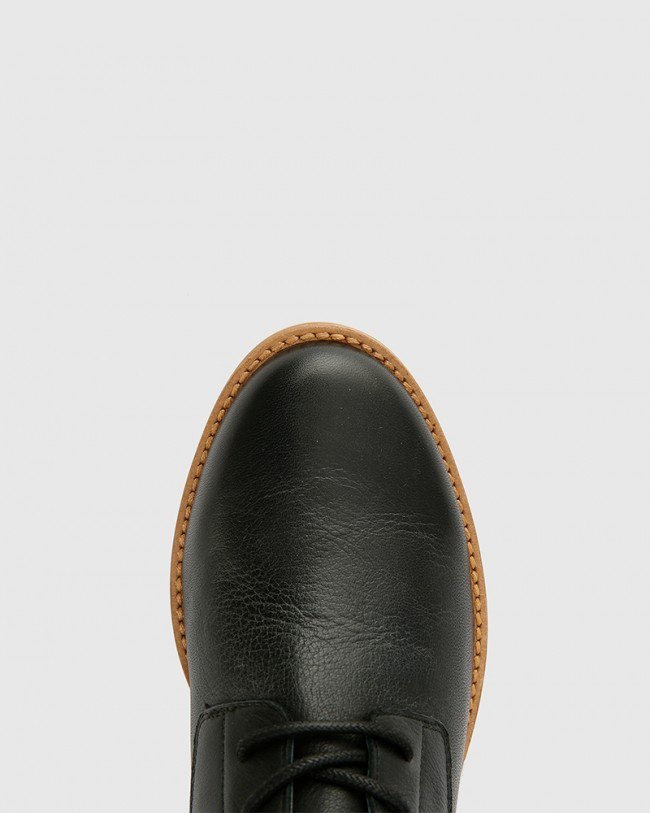 Wittner Carver Black Leather Lace Up Flat Ankle Boot