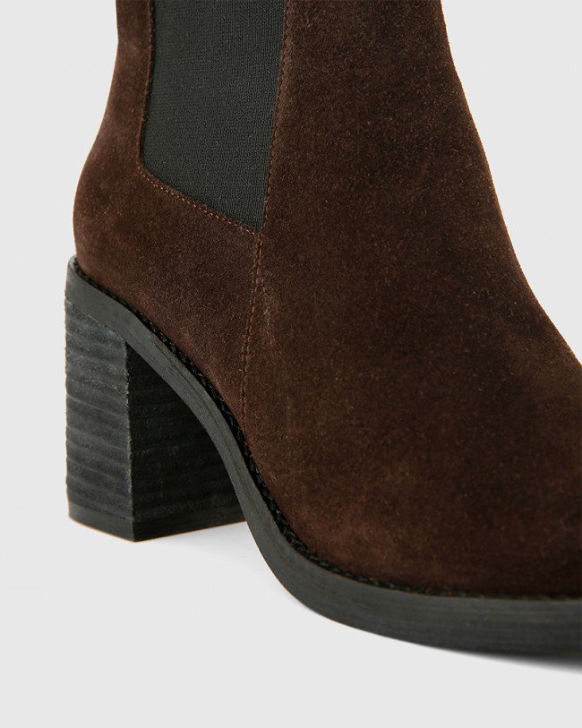 Wittner Tobey Brown Suede Elastic Gusset Block Heel Ankle Boot
