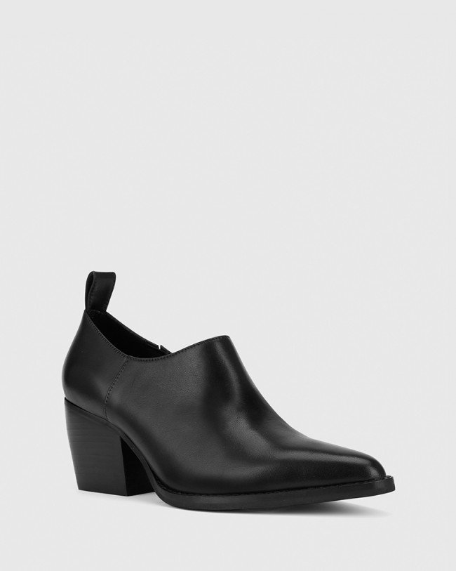 Wittner Keisha Black Leather Pointed Toe Block Heel Bootie