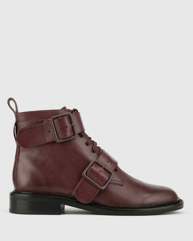 Wittner Braiden Wine Leather Double Buckle Lace Up Ankle Boot