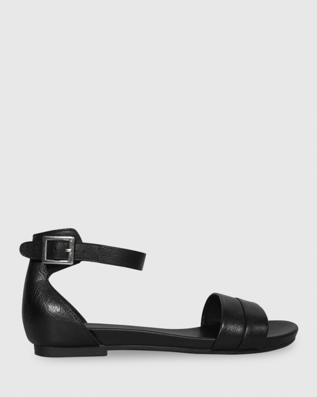 Wittner Lory Black Leather Open Toe Flat Sandal
