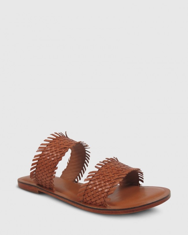 Wittner Ixia Tan Weave Leather Open Toe Flat Slide