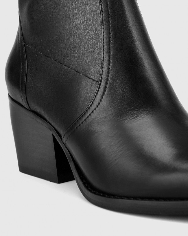 Wittner Kennith Black Leather Stretch Point Toe Block Heel Ankle Boot