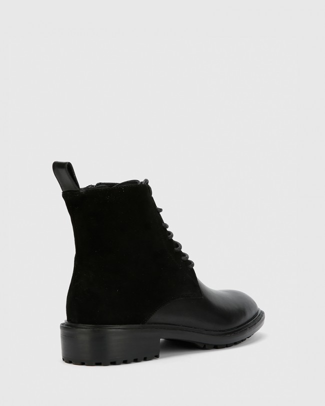 Wittner Dean Black Suede Leather Lace Up Flat Boot