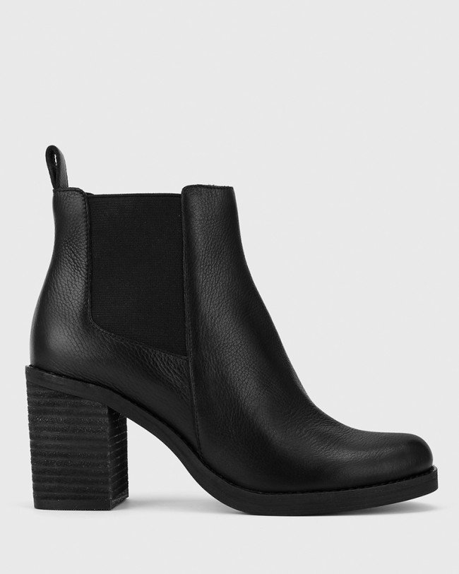Wittner Tobey Black Leather Elastic Gusset Block Heel Ankle Boot