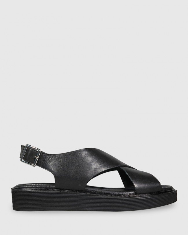 Wittner Timmie Black Leather Slingback Flatform Sandal