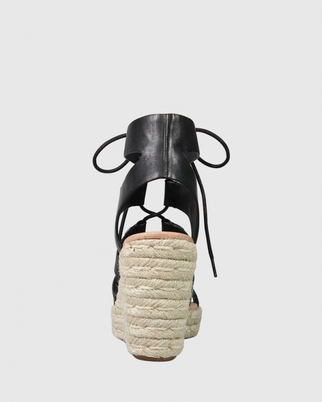 Wittner Venita Black Leather Lace Up Espadrille Style Wedge
