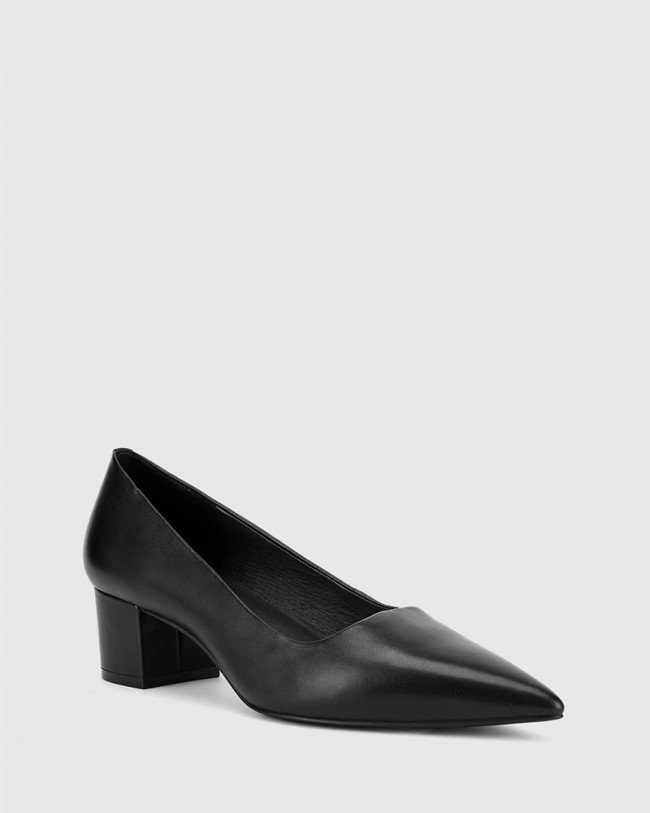 Wittner Gardenia Black Leather Block Heel Pointed Toe Pump
