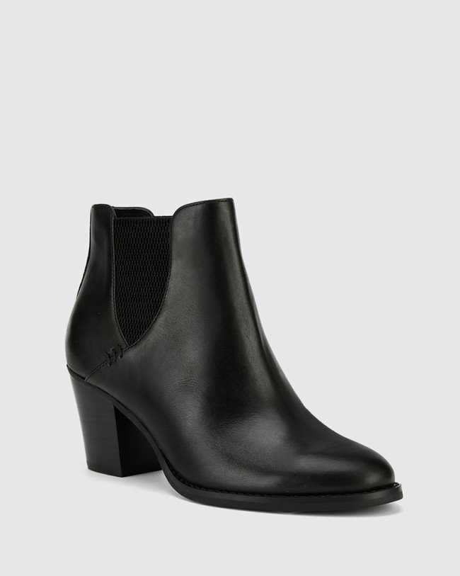 Wittner Kessie Black Leather Round Toe Stack Heel Ankle Boot