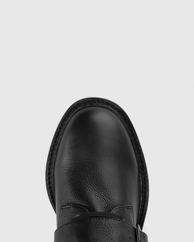 Wittner Braiden Black Leather Double Buckle Lace Up Ankle Boot