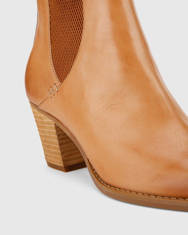 Wittner Kessie Tan Leather Round Toe Stack Heel Ankle Boot