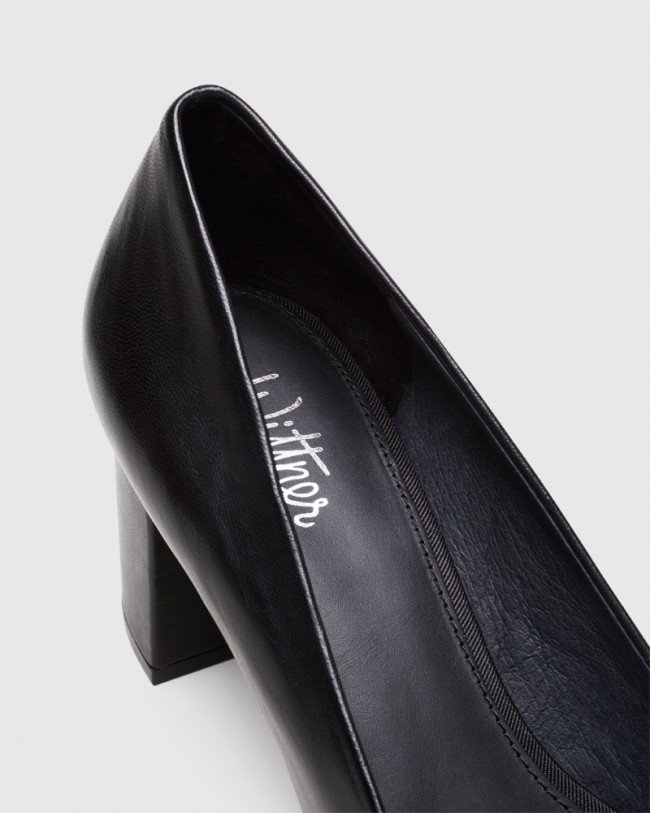 Wittner Dalena Black Leather Pointed Closed Toe Block Mid Heel