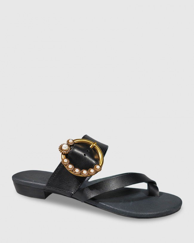 Wittner Sylvia Black Leather Gold Buckle Detail Flat Slide