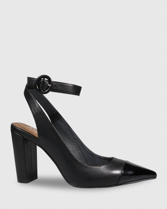 Wittner Helaine Black Leather Patent Toe Cap Block Heel