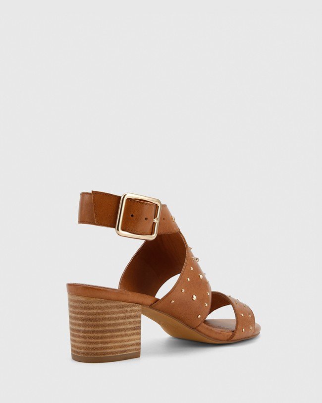 Wittner Alexandre Tan Leather Gold Stud Block Heel Sandal