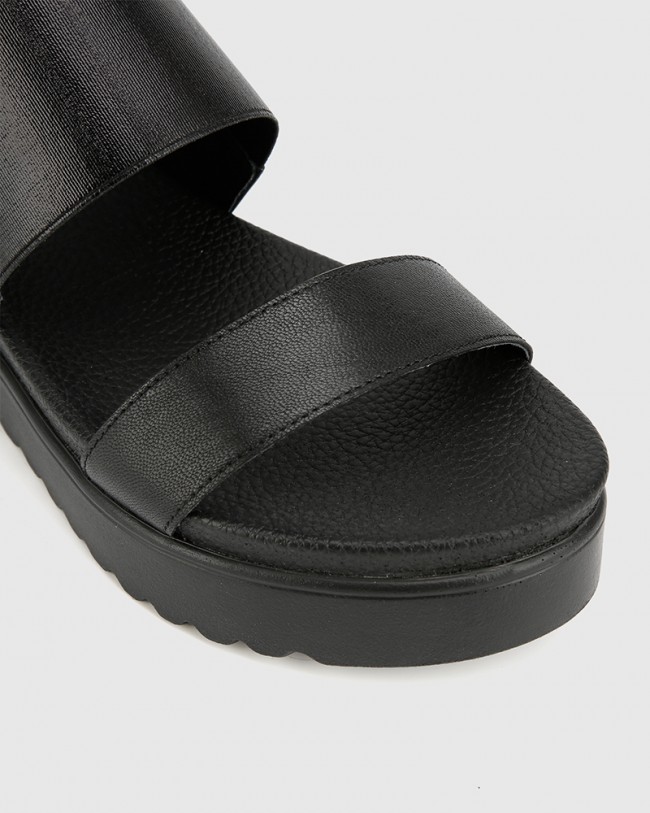 Wittner Grazia Black Leather & Elastic Flatform Sandal