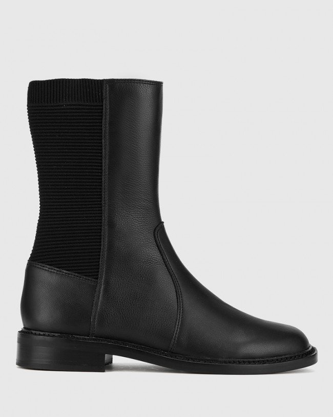 Wittner Blane Black Leather Stretch Gusset Pull On Flat Boot