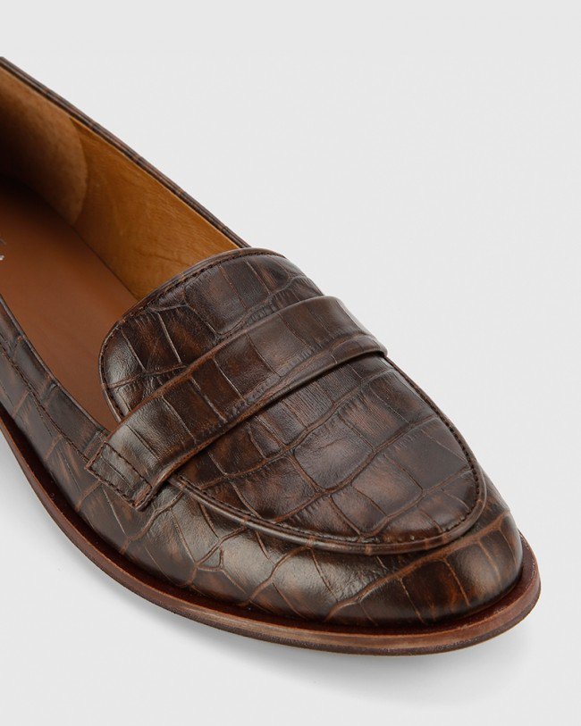 Wittner Hazie Chocolate Crocodile Embossed Leather Slip On Loafer