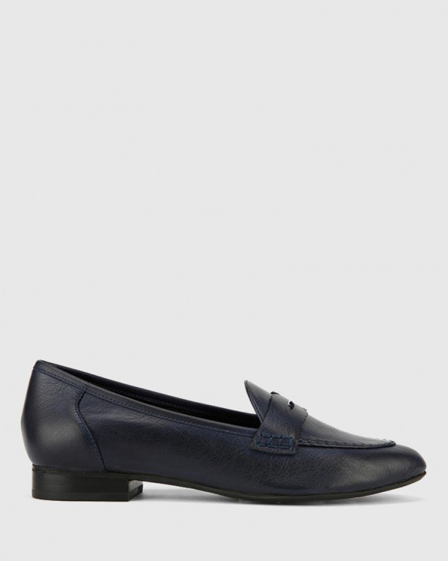 Wittner Austin Navy Leather Almond Toe Flat Penny Loafer