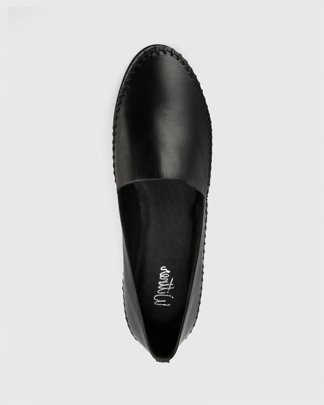 Wittner Christy Black Leather Wedge Slip On Flat