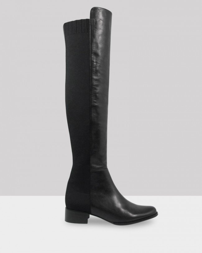 Wittner Barden Black Leather Elasticated Calf Block Heel Over the Knee Boot
