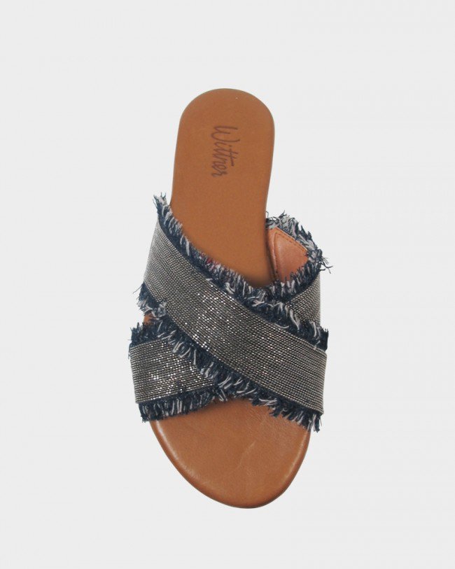 Wittner Kallen Navy & Silver Frayed Crossover Open Toe Slide