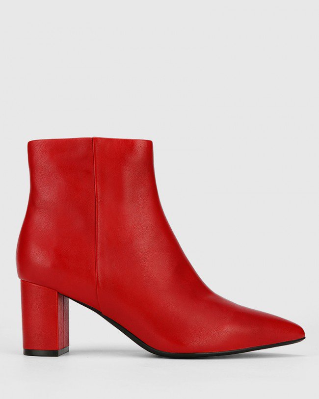 Wittner Deja Red Leather Block Heel Point Toe Ankle Boot