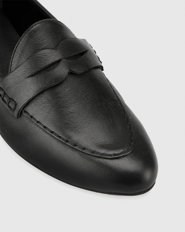 Wittner Austin Black Leather Almond Toe Flat Penny Loafer