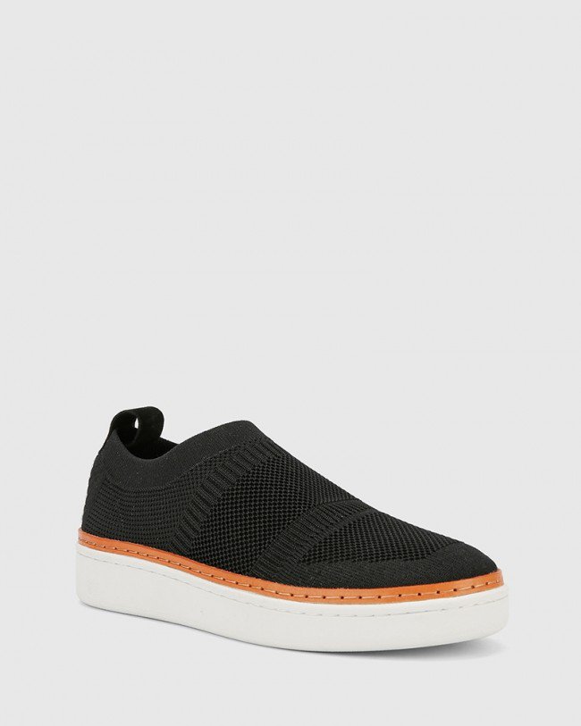 Wittner Griffin Black Stretch Knit & Nubuck Leather Pull On Sneaker