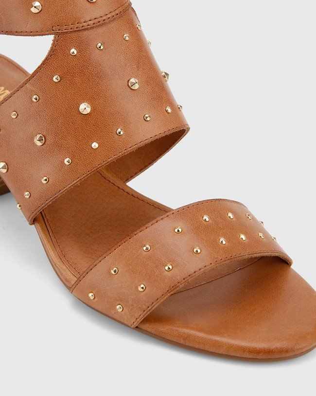 Wittner Alexandre Tan Leather Gold Stud Block Heel Sandal
