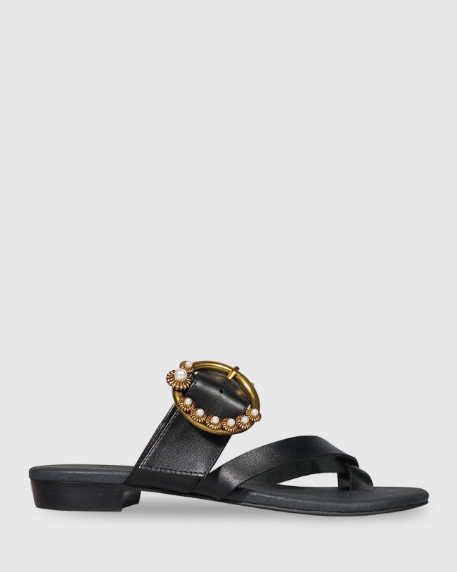 Wittner Sylvia Black Leather Gold Buckle Detail Flat Slide
