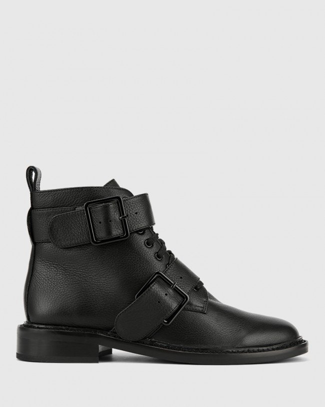 Wittner Braiden Black Leather Double Buckle Lace Up Ankle Boot