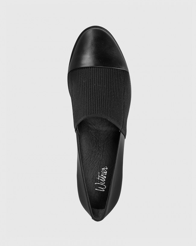 Wittner Janis Black Leather Stretch Knit Block Heel Loafer