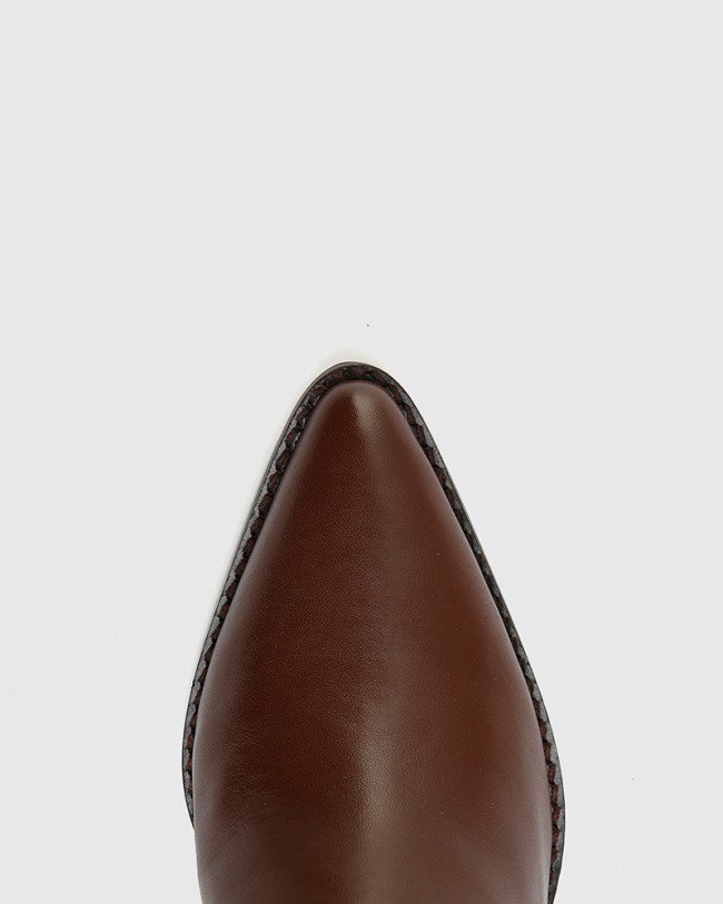 Wittner Kennith Dark Brown Leather Stretch Point Toe Block Heel Ankle Boot