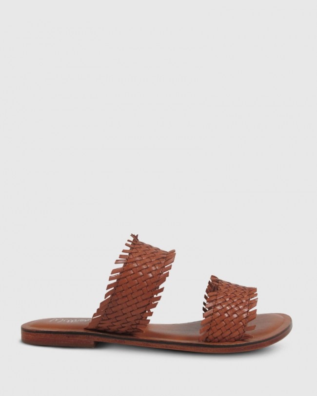 Wittner Ixia Tan Weave Leather Open Toe Flat Slide