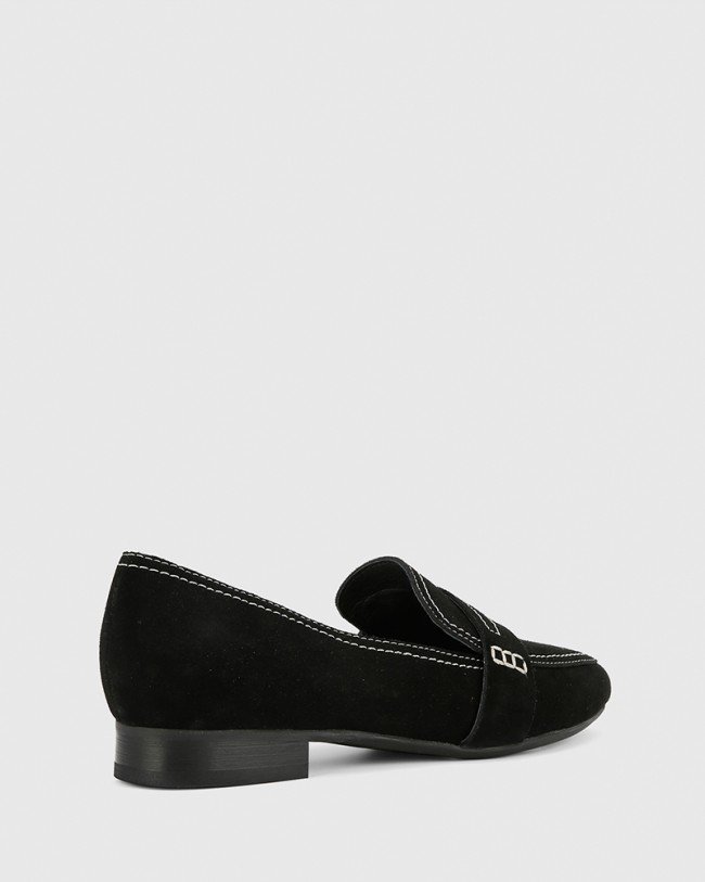 Wittner Abelon Black Suede Stitched Flat Penny Loafer