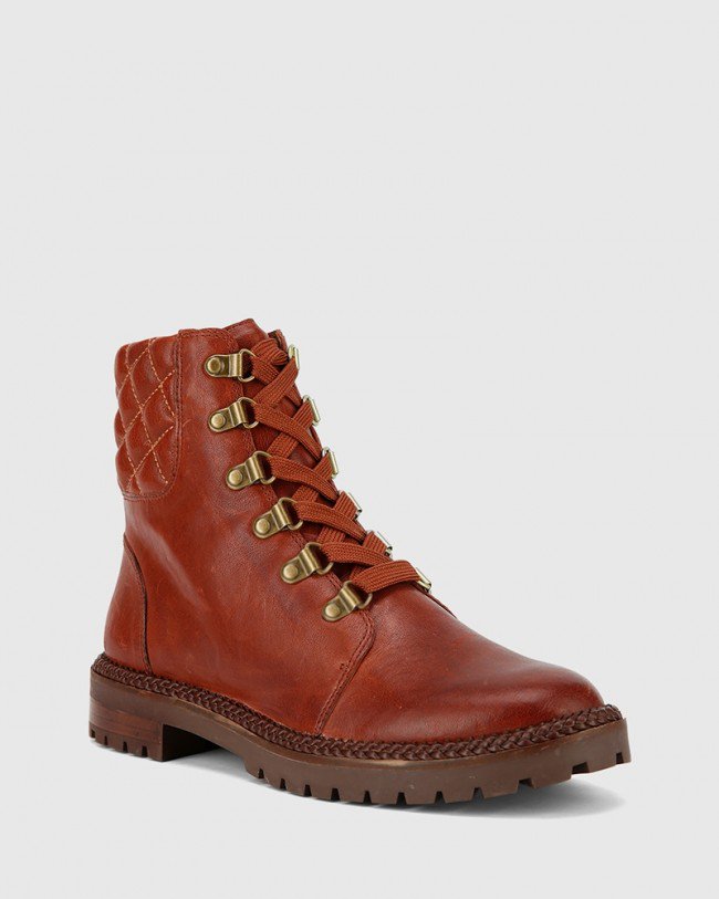 Wittner Bentleigh Rust Leather Quilted Collar Lace Up Ankle Boot