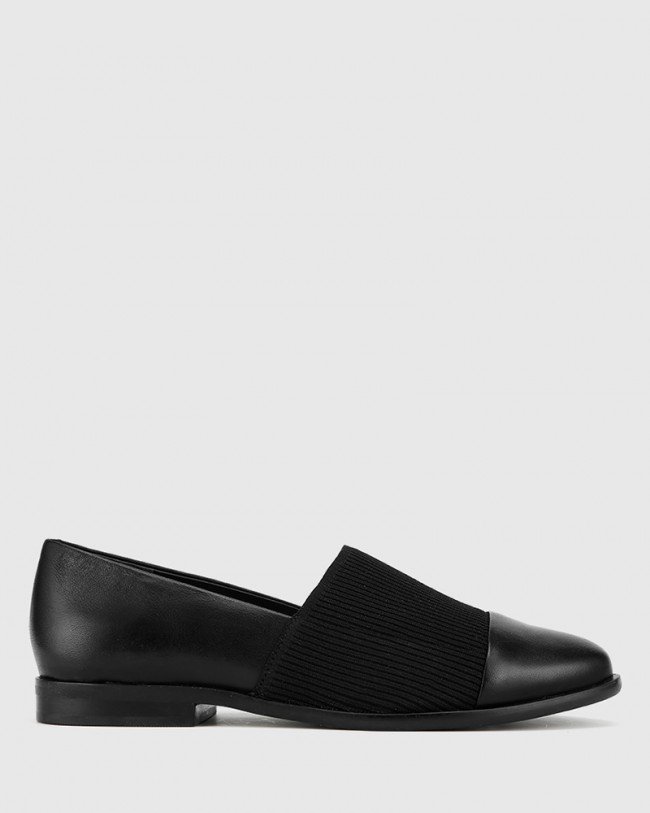 Wittner Janis Black Leather Stretch Knit Block Heel Loafer